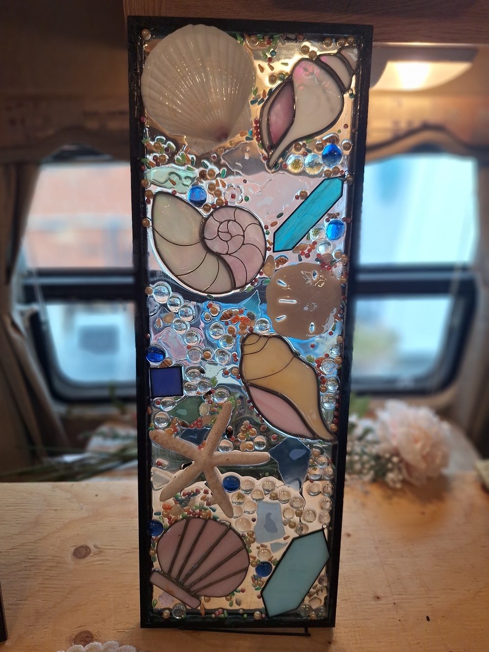 Handcrafted Stained Glass Seashell Panel - Pink & Cream Coastal Art